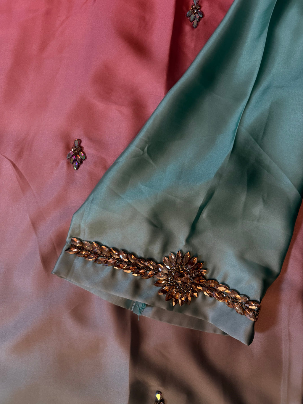 Rose Pink & Seafoam Ombré Silk Kaftan with Keyhole Neckline & Stone Detailing