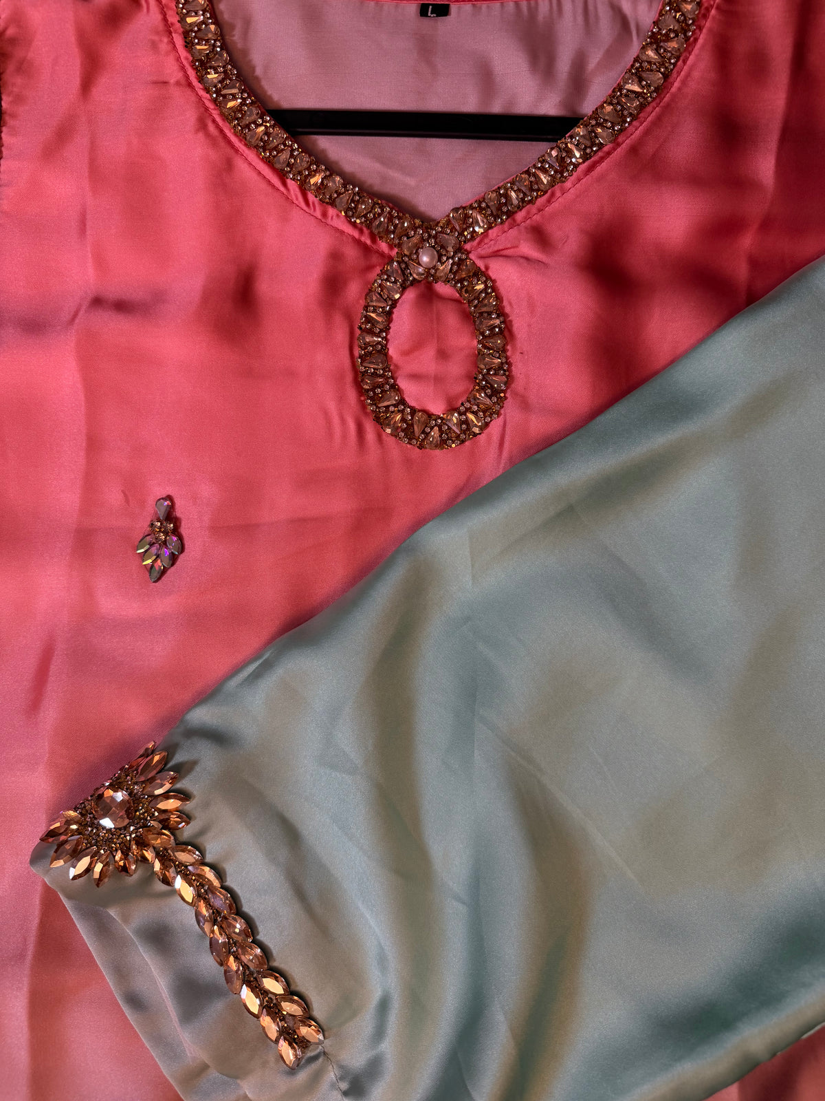 Rose Pink & Seafoam Ombré Silk Kaftan with Keyhole Neckline & Stone Detailing