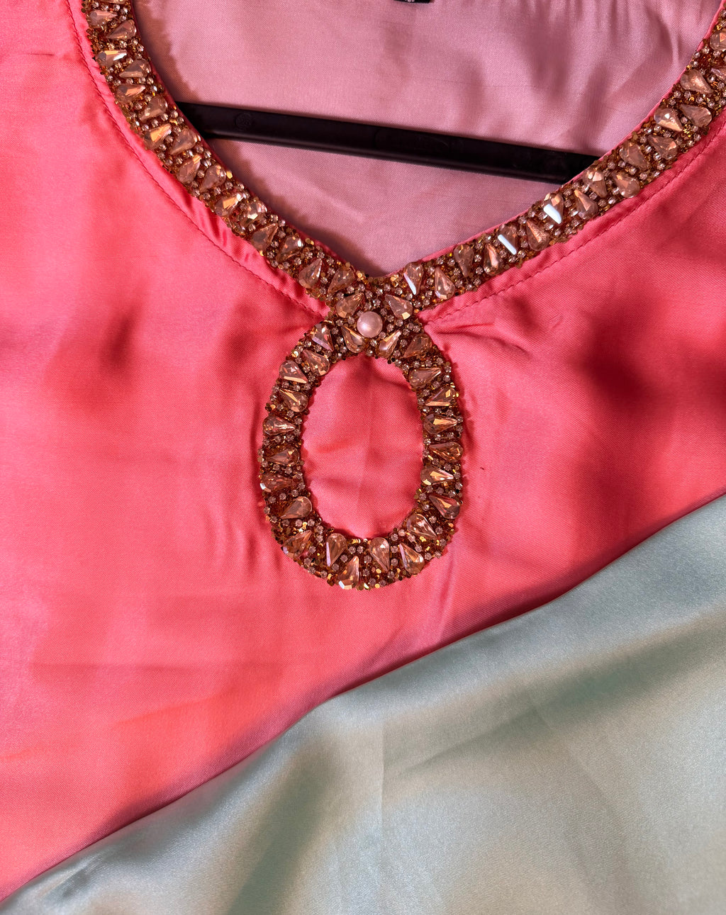 Rose Pink & Seafoam Ombré Silk Kaftan with Keyhole Neckline & Stone Detailing