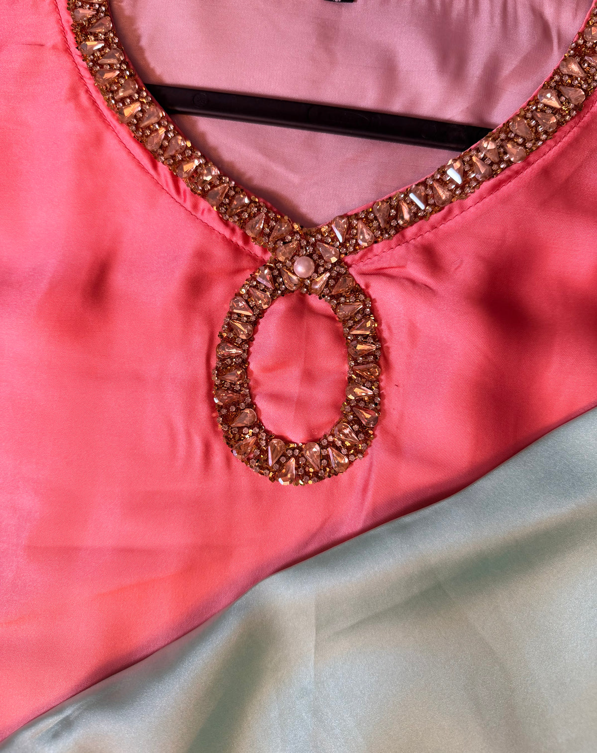 Rose Pink & Seafoam Ombré Silk Kaftan with Keyhole Neckline & Stone Detailing