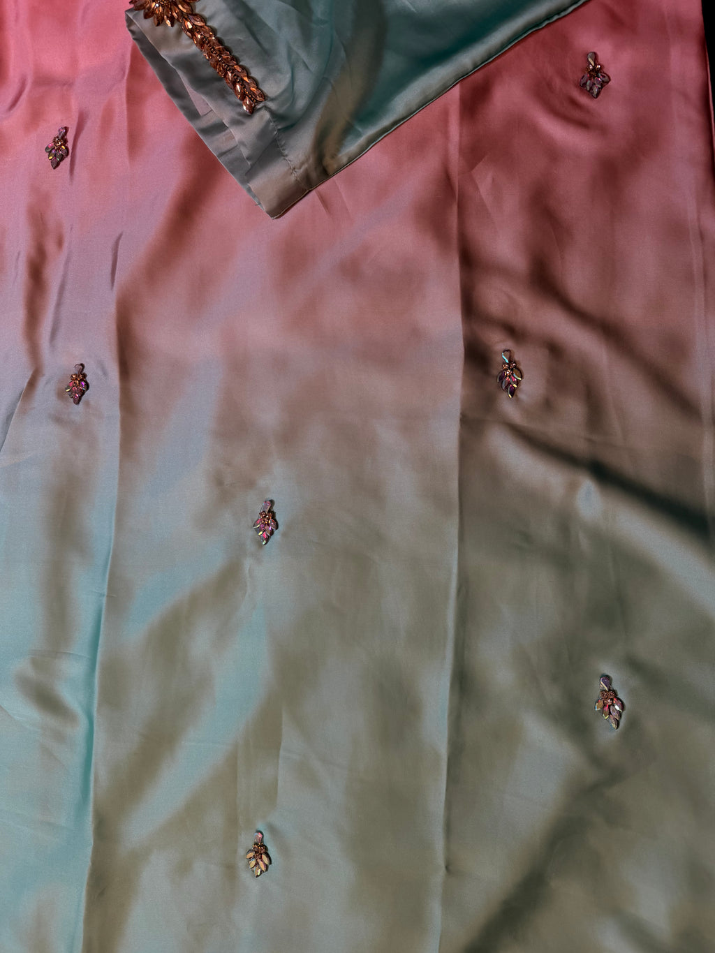 Rose Pink & Seafoam Ombré Silk Kaftan with Keyhole Neckline & Stone Detailing