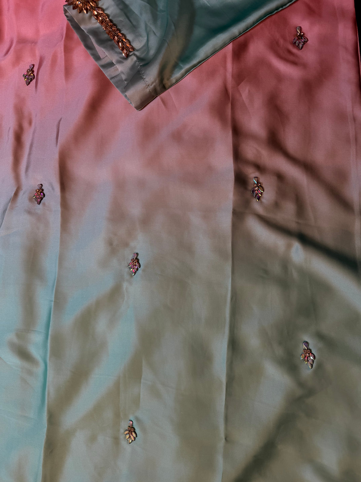 Rose Pink & Seafoam Ombré Silk Kaftan with Keyhole Neckline & Stone Detailing
