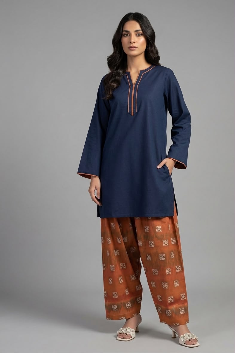 2PC Midnight Navy & Rust Ikat Kurti Shalwar