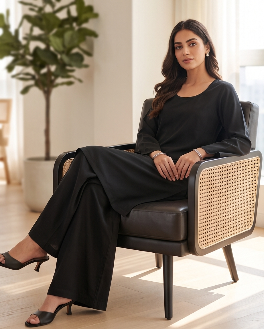 2PC Kurta Set with Wide-Leg Palazzos - Black