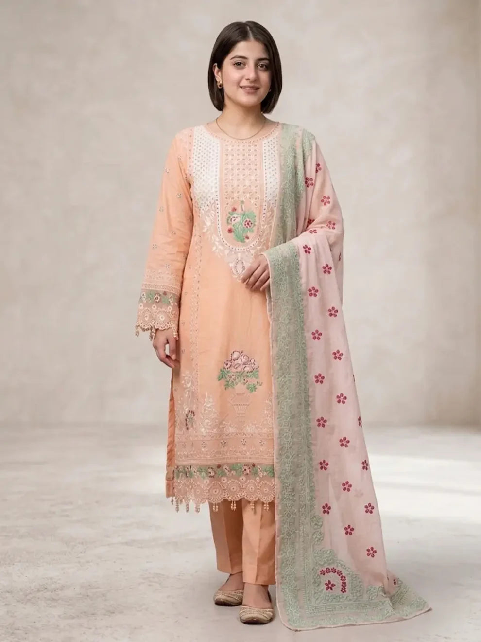 3PC Warm Peach Embroided Lawn
