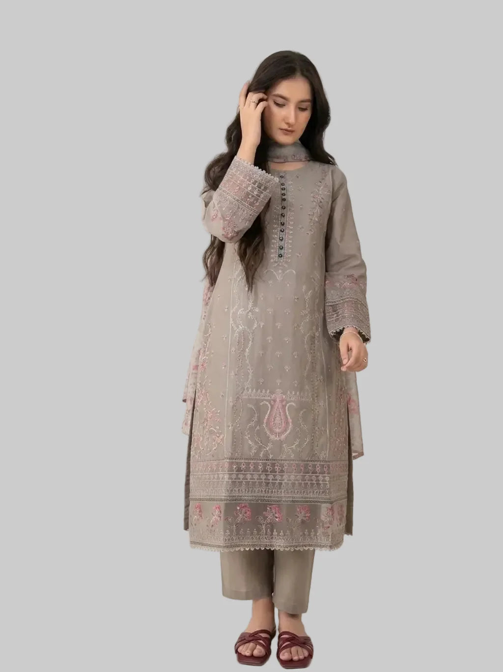 3PC Cool Toned Brown Embroided Lawn