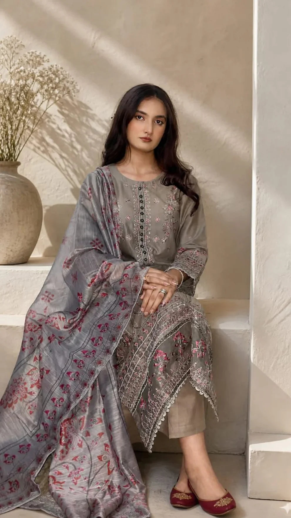 3PC Cool Toned Brown Embroided Lawn