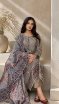 3PC Cool Toned Brown Embroided Lawn