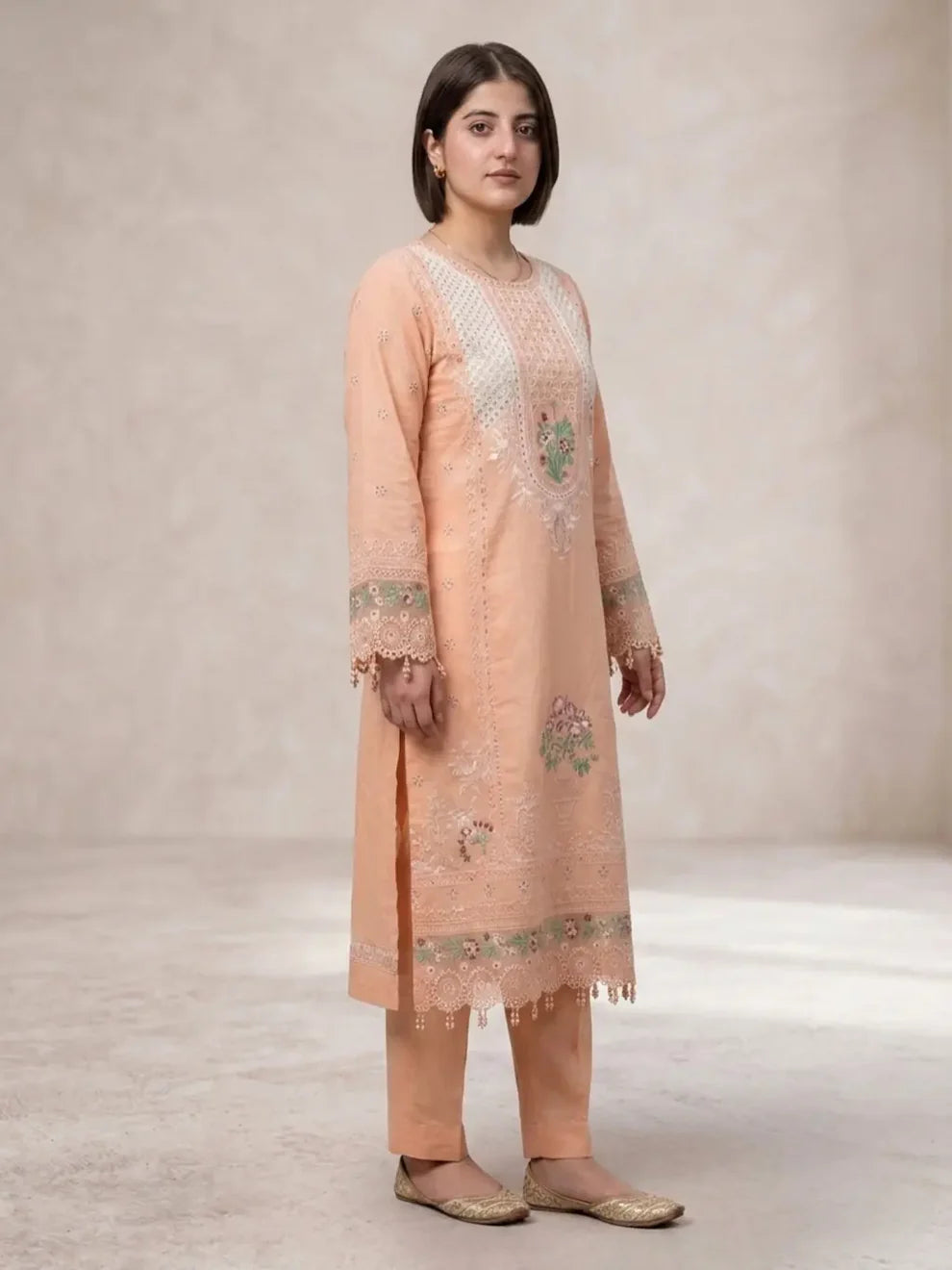 3PC Warm Peach Embroided Lawn