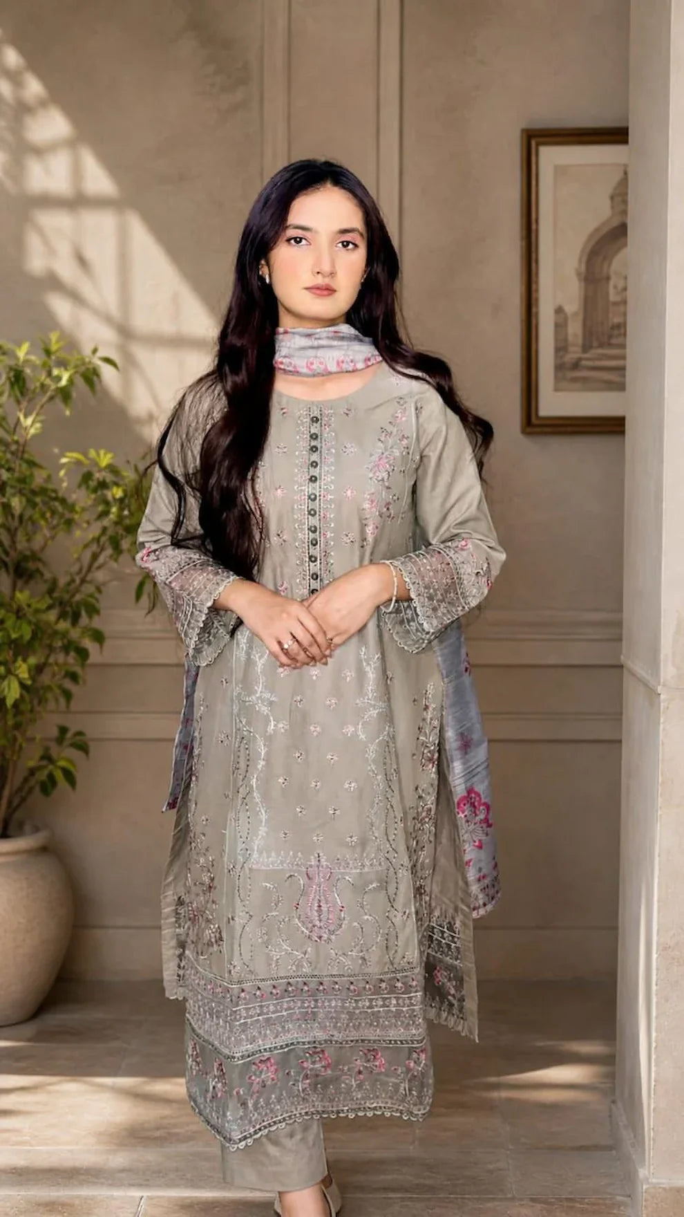 3PC Cool Toned Brown Embroided Lawn