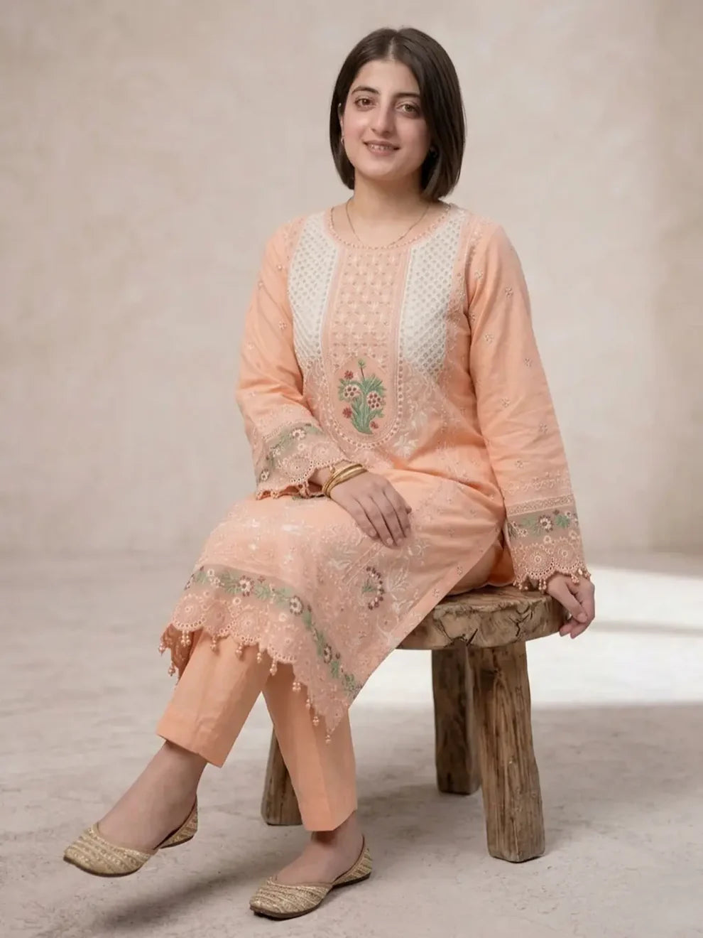 3PC Warm Peach Embroided Lawn